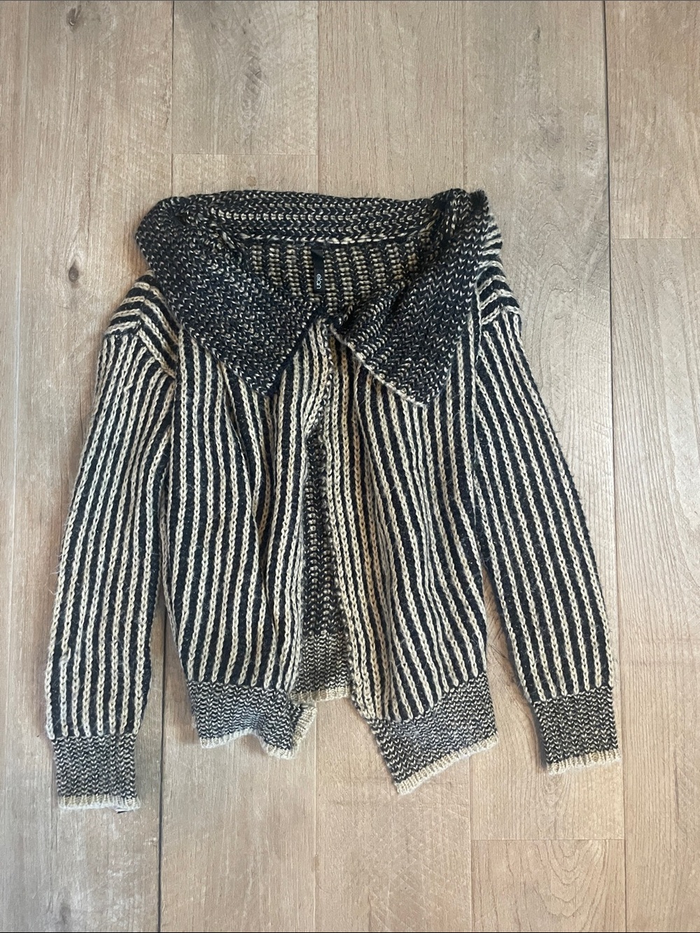 Elan Black and Cream Striped Knit Cardigan with Wide Collar